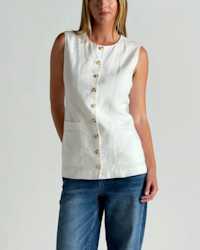 100- European Linen Longline Vest Flax and White In-House 4x5