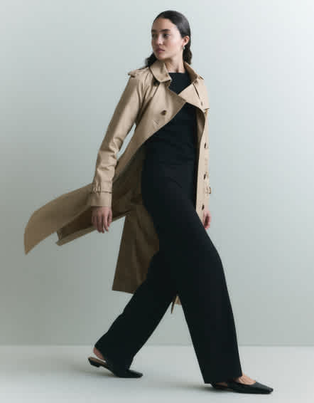 Light Khaki Comfort Stretch Long Trench Coat