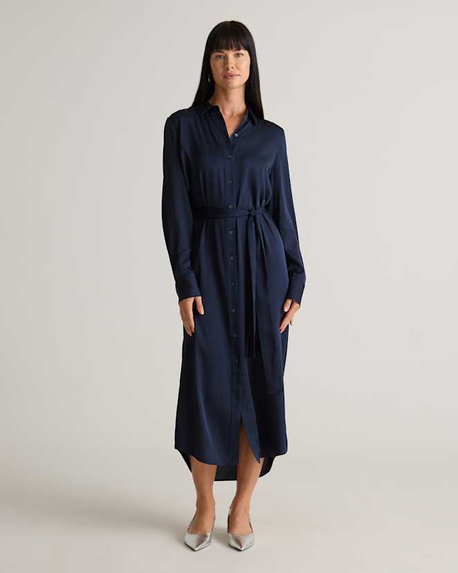 Navy Washable Stretch Silk Maxi Shirt Dress