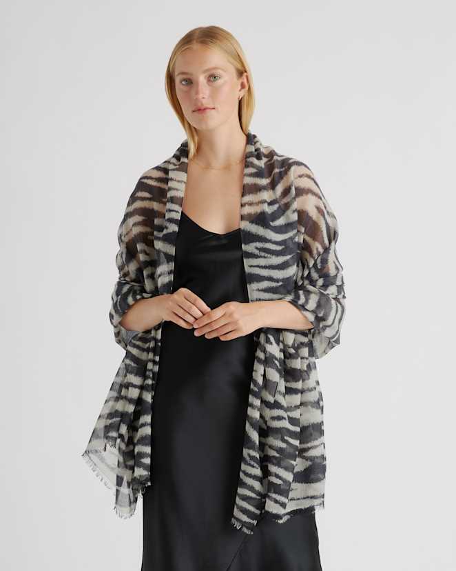 Black Tiger Stripe Featherweight Wool Cashmere Frayed Edge Scarf