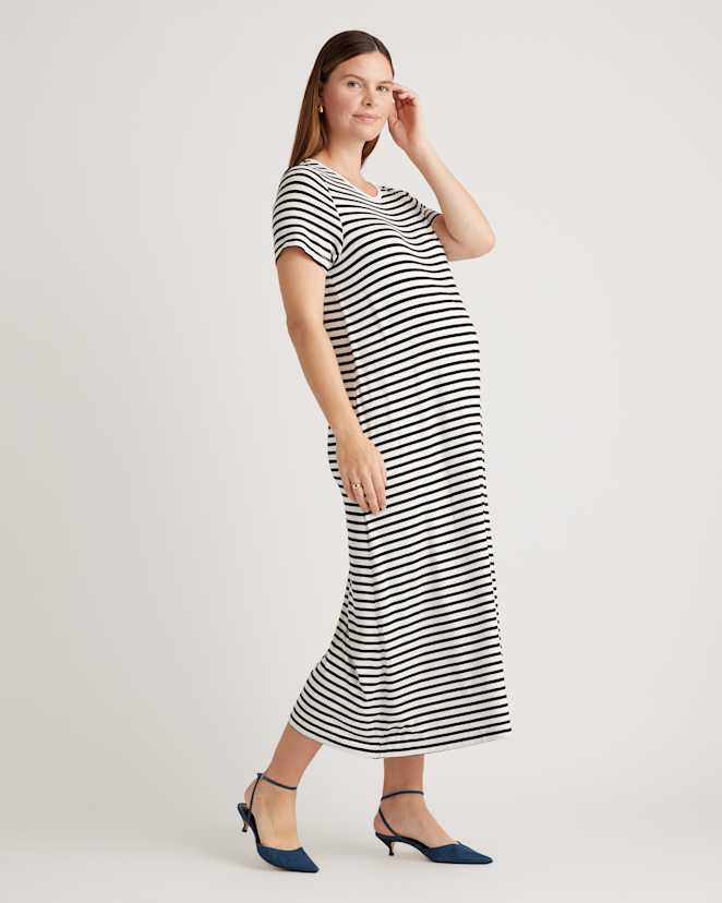 Black/White Stripe Bamboo Jersey Maternity & Nursing T-Shirt Dress