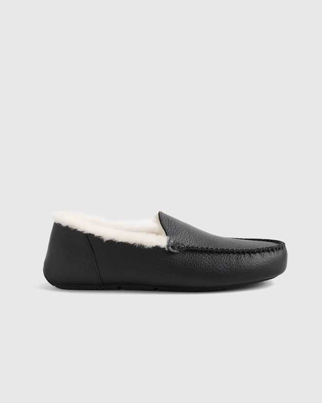 Black Italian Leather Handstitched Moccasin Slipper