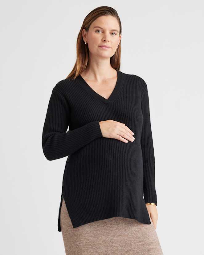 Black Mongolian Cashmere Ribbed Side Zip Maternity Sweater