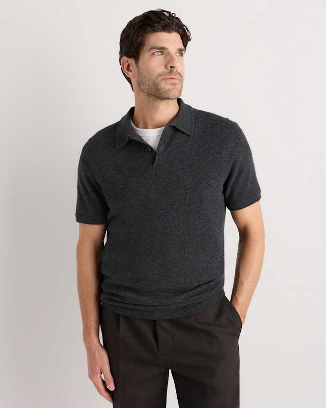 Heather Charcoal 100% Mongolian Cashmere Short Sleeve Polo Sweater