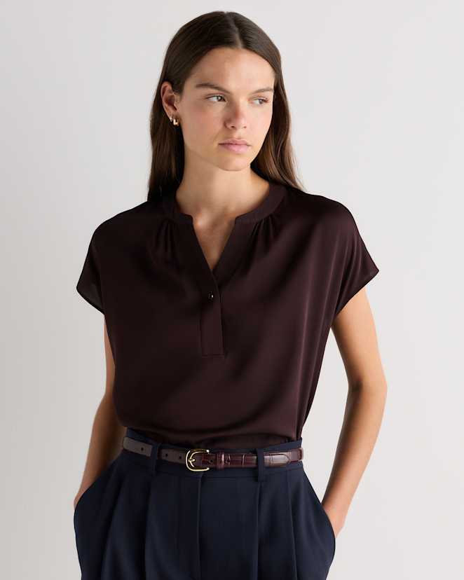Chocolate Plum Brown Washable Stretch Silk Dolman Sleeve Blouse
