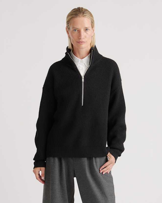 Black Australian Merino Wool Half Zip Sweater