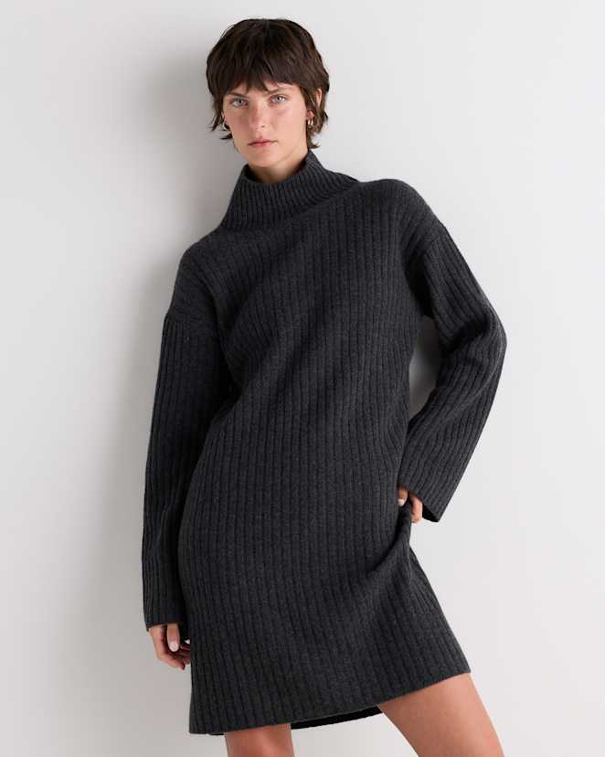 Heather Charcoal Mongolian Cashmere Ribbed Turtleneck Mini Dress