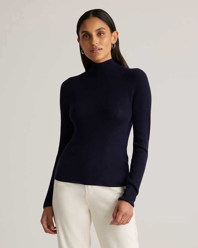 Deep Navy Featherweight Cashmere Ribbed Mockneck Sweater