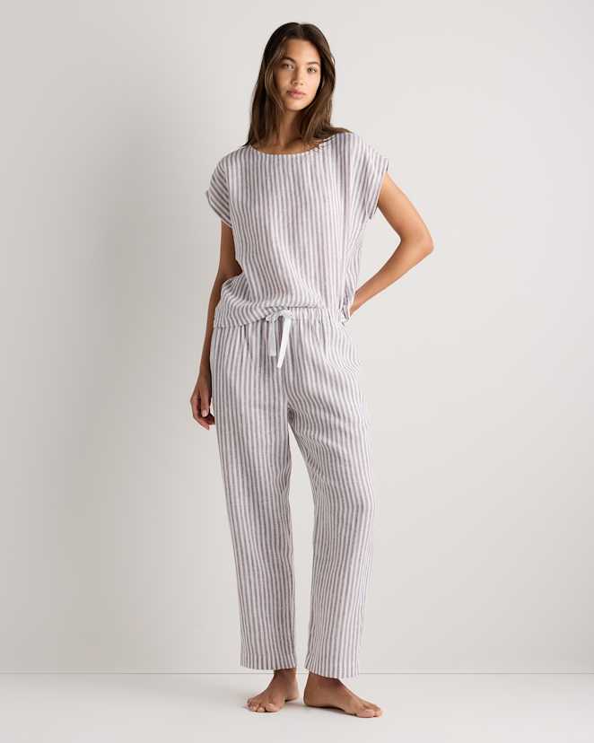 Taupe Brown Mariner Stripe 100% European Linen Pajama Set