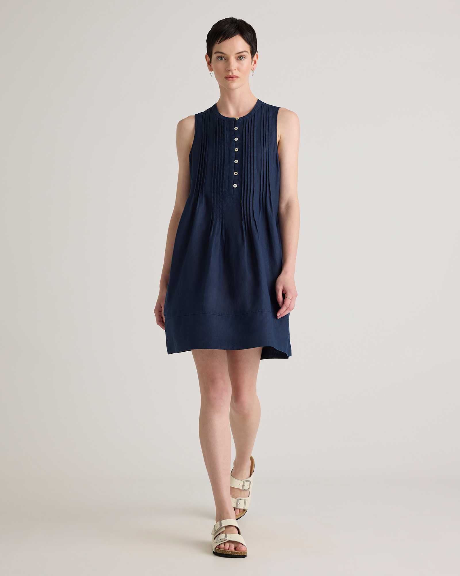 Deep Navy 100% European Linen Sleeveless Swing Dress