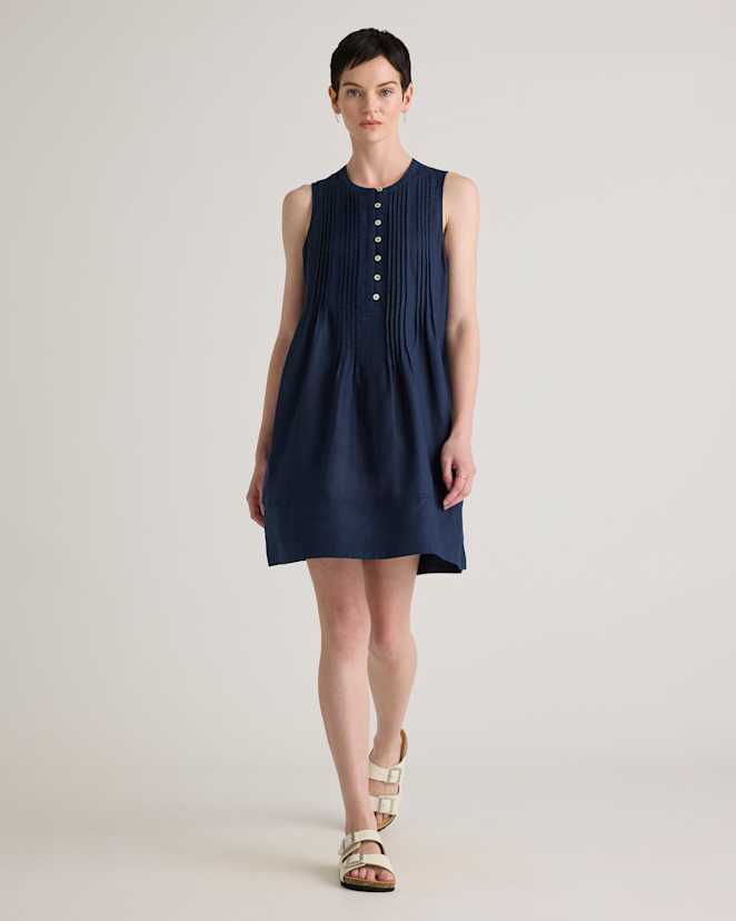 Deep Navy 100% European Linen Sleeveless Swing Dress
