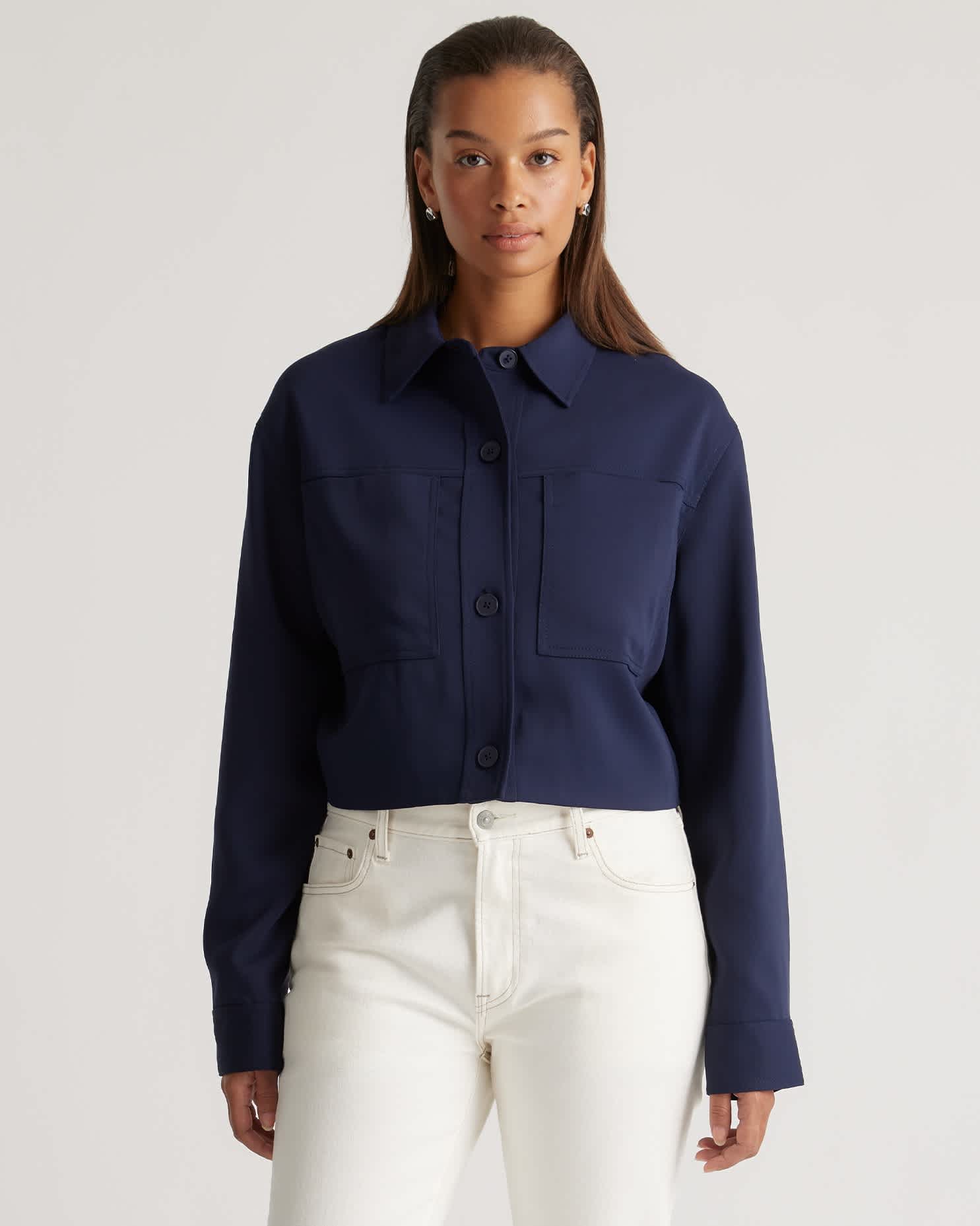 navy Stretch Crepe Cropped Jacket