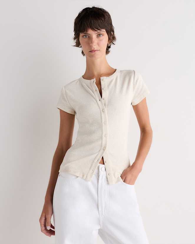 Heather Oatmeal Organic Cotton Micro-Rib Button Tee