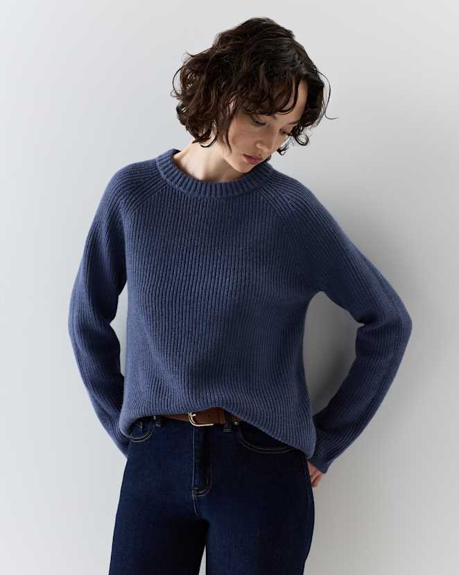 Heather Storm Blue Mongolian Cashmere Fisherman Crewneck Sweater