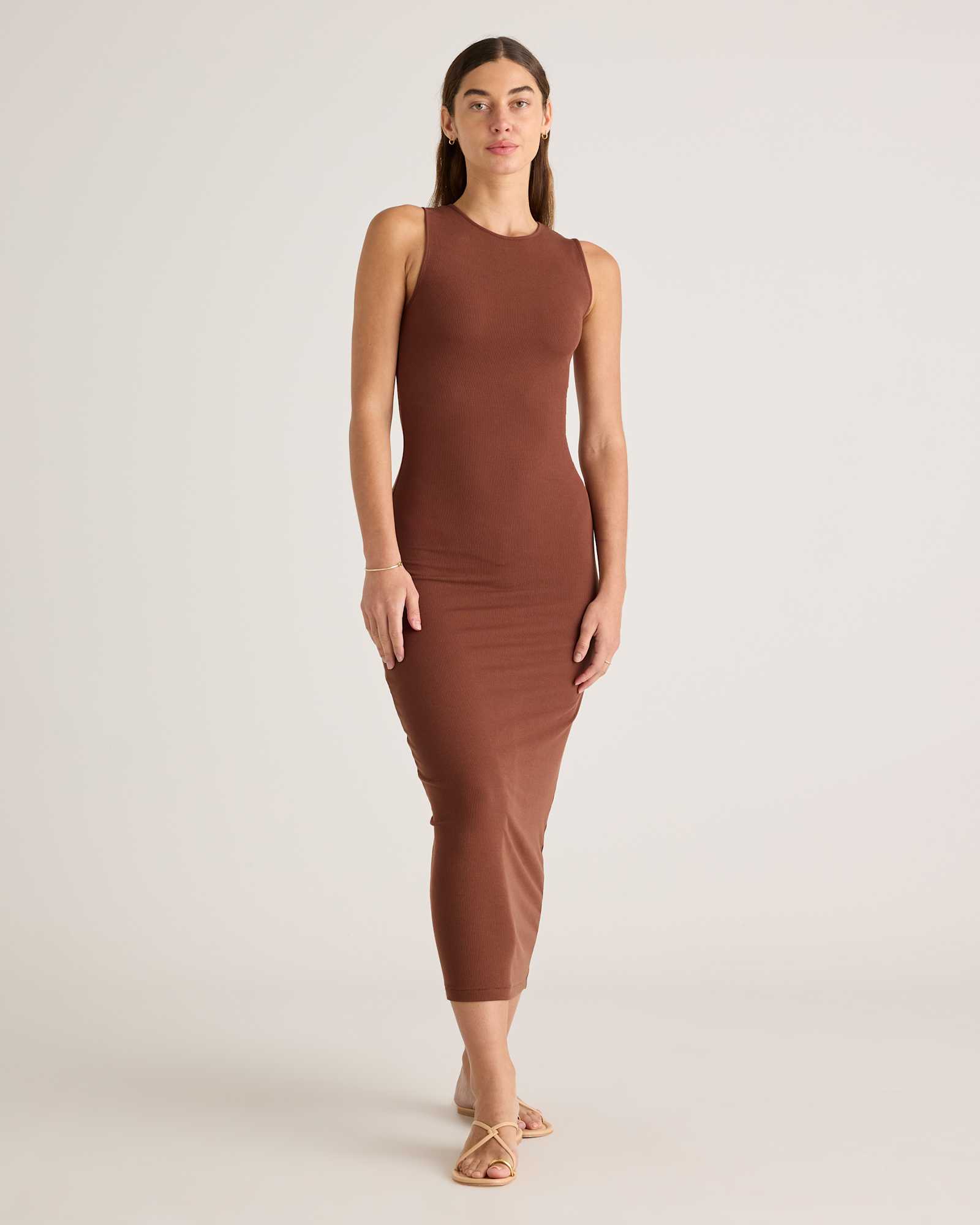 brown Tencel Rib Knit Tank Midi Dress