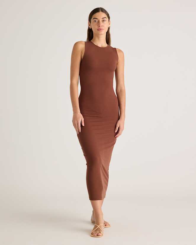 Brown Tencel Rib Knit Tank Midi Dress