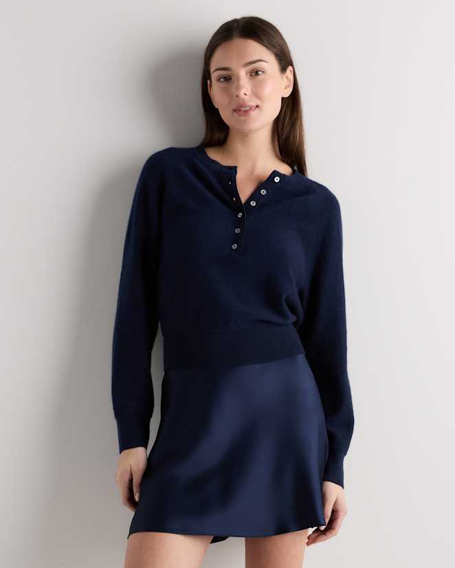 True Navy Mongolian Cashmere Dolman Sleeve Henley Sweater