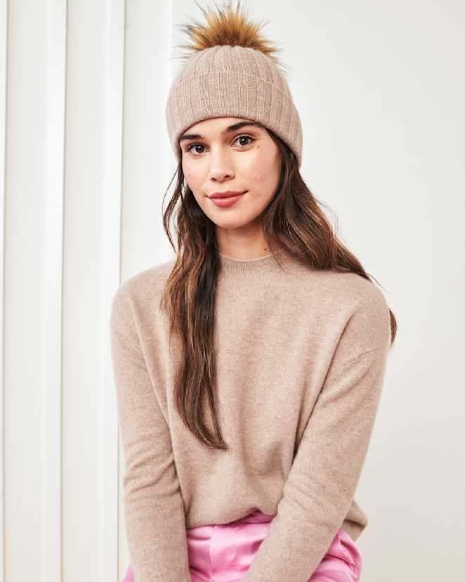 Oatmeal Mongolian Cashmere Pom Pom Beanie