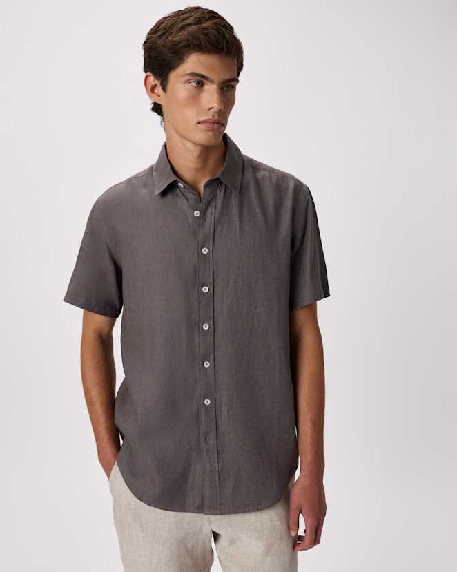 Dark Gull Grey 100% European Linen Relaxed Short Sleeve Shirt