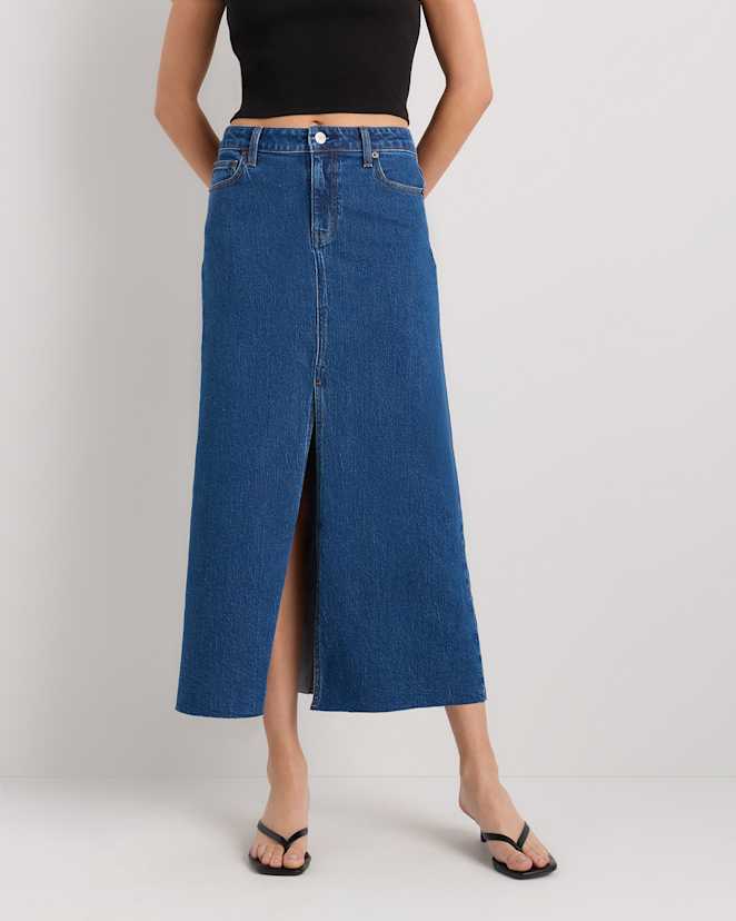 Obsidian Blue Stretch Denim 5-Pocket Midi Skirt