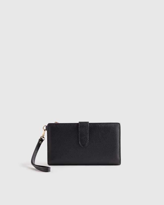 Black Italian Leather Phone Bi-Fold Wristlet