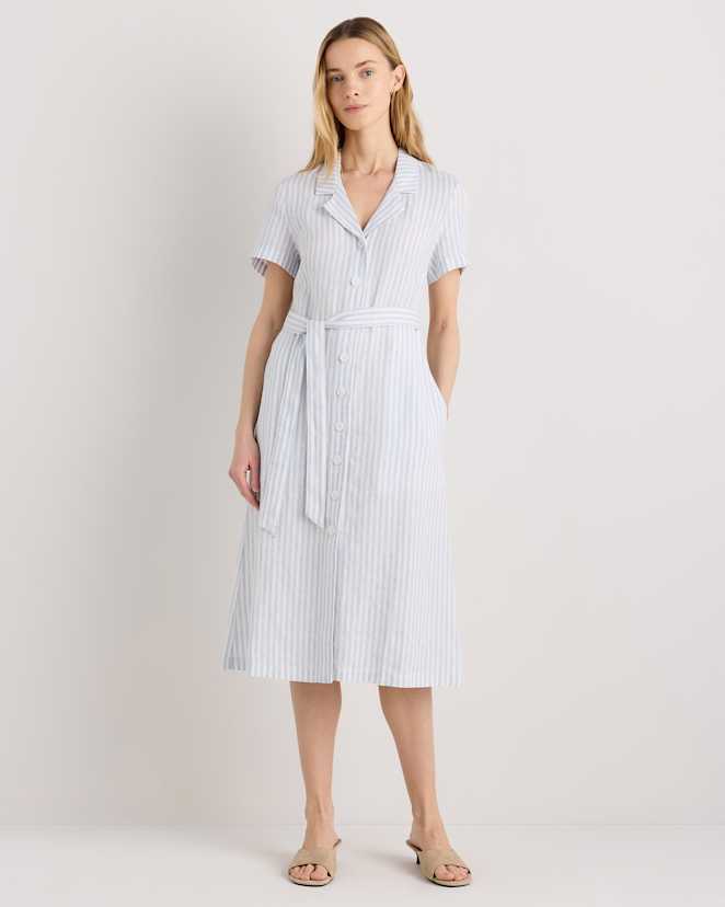 Sky Blue Mariner Stripe 100% European Linen Button Front Dress