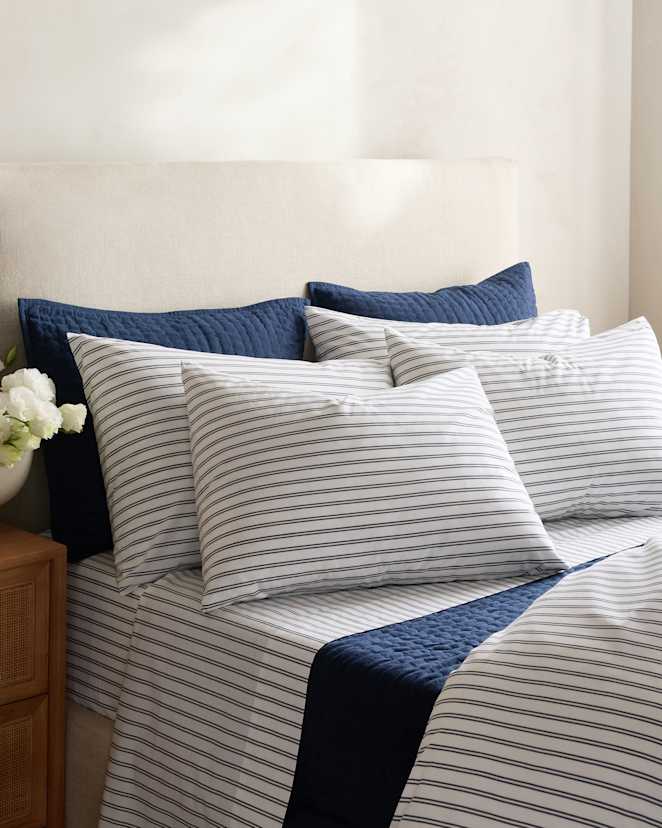 White/Navy Classic Organic Percale Double Stripe Sham Set
