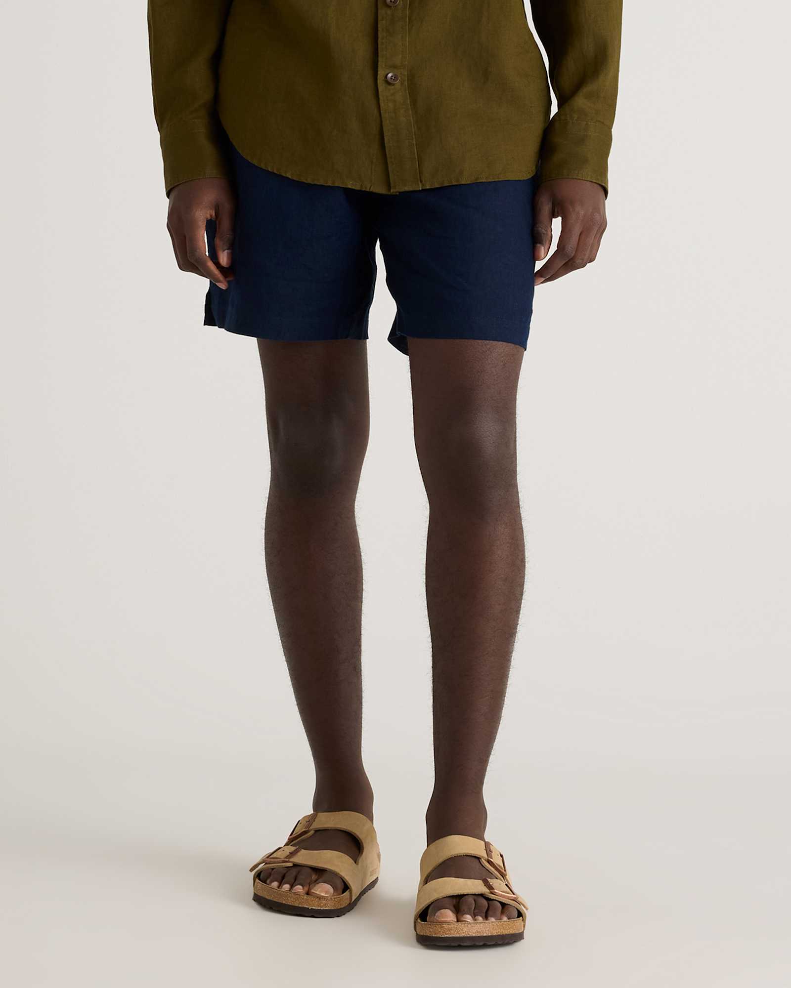 Deep Navy 100% European Linen Drawstring Beach Shorts - 7"