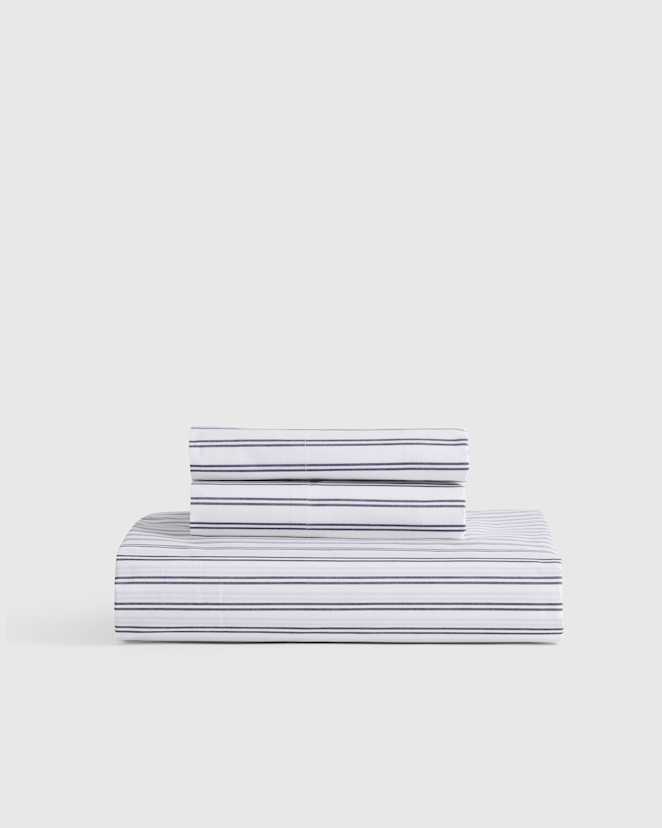 White/Navy Classic Organic Percale Double Stripe Fitted Sheet Set