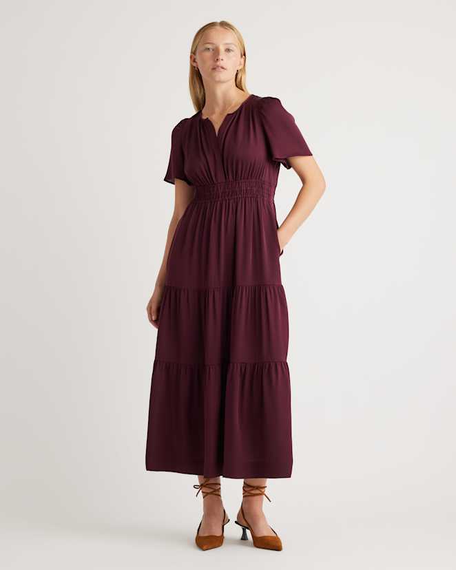 Wine Tasting Red Washable Stretch Silk Tiered Maxi Dress
