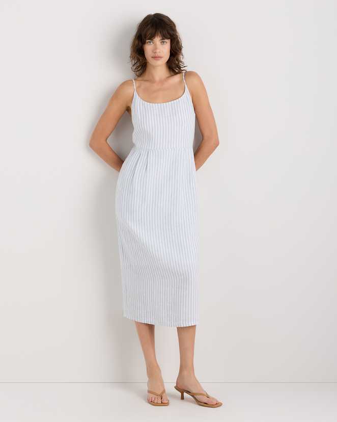 Sky Blue Mariner Stripe 100% European Linen Scoop Neck Midi Dress