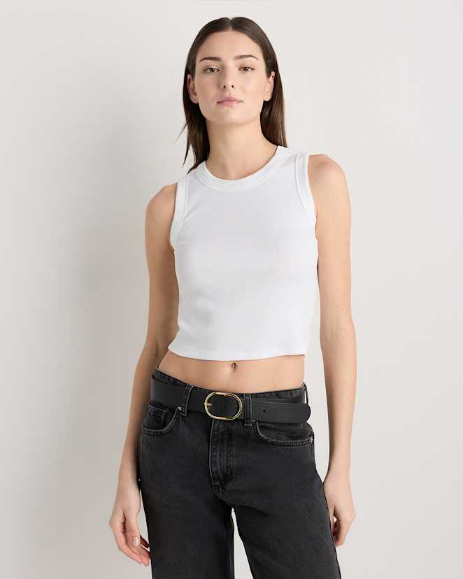 Soft White Organic Cotton Micro-Rib Cropped Cutaway Tank