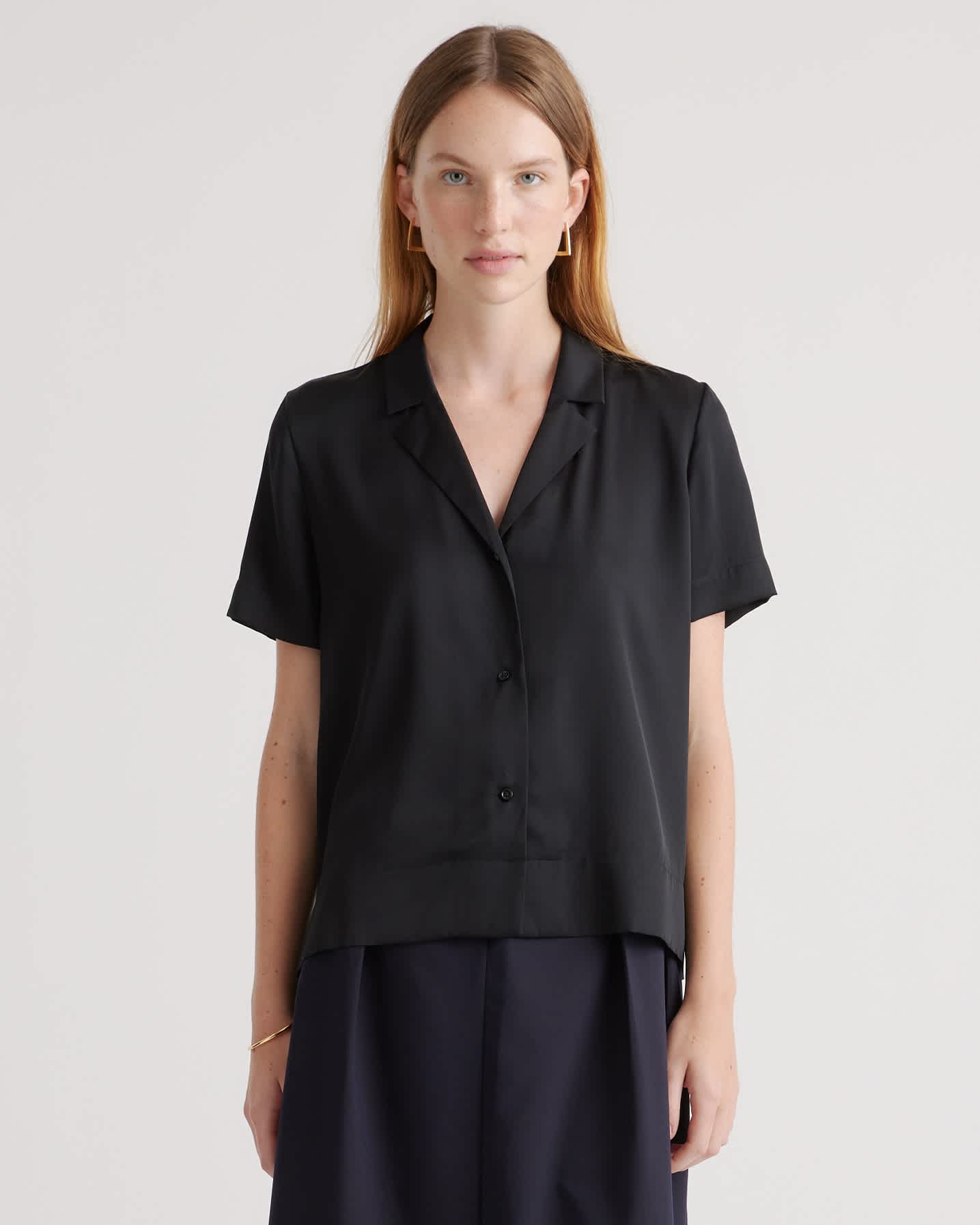 black Washable Stretch Silk Short Sleeve Notch Collar Blouse