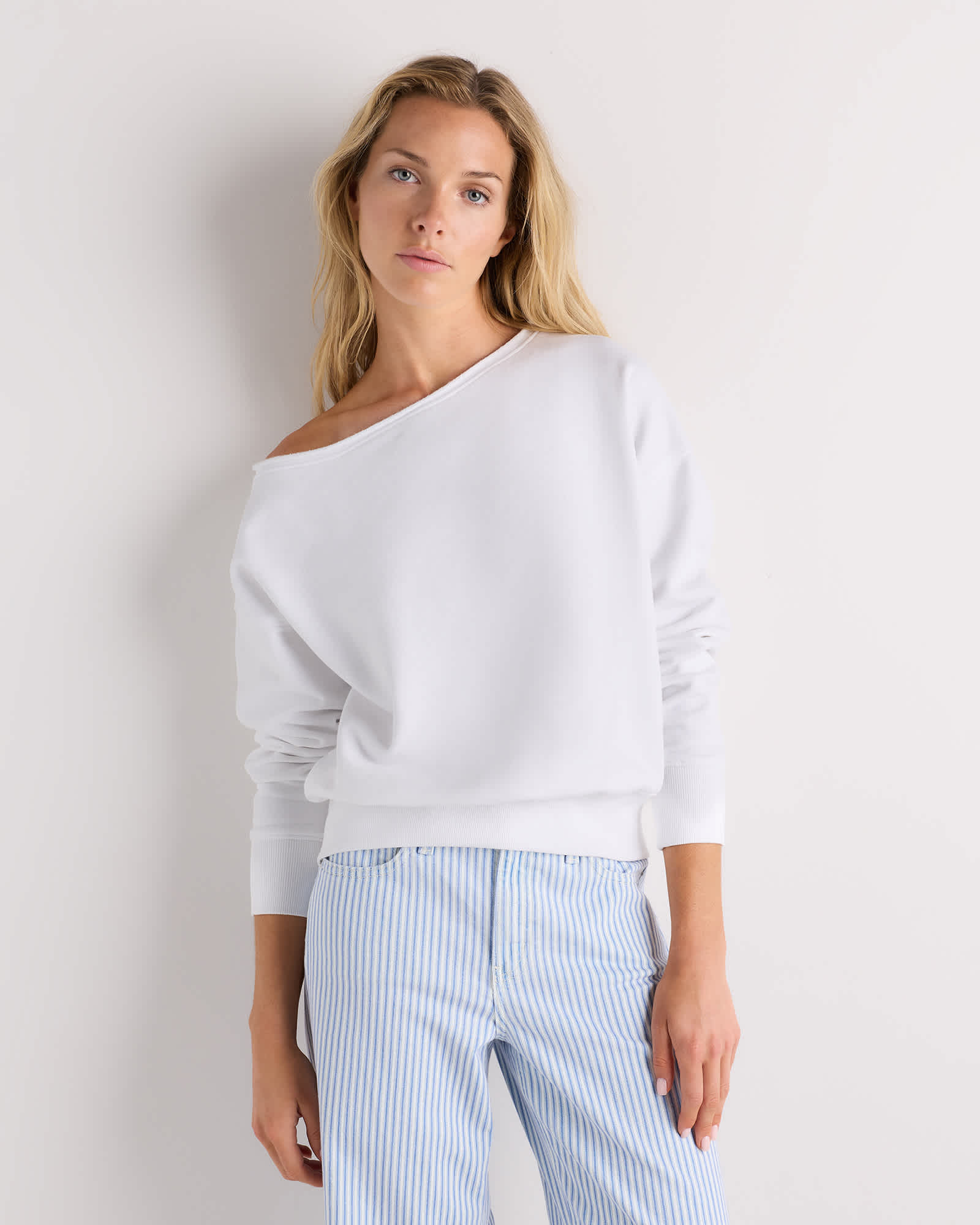 Classic White Organic French Terry Off-Shoulder Sweatshirt