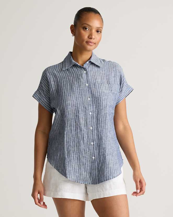 Chambray Stripe 100% European Linen Camp Shirt