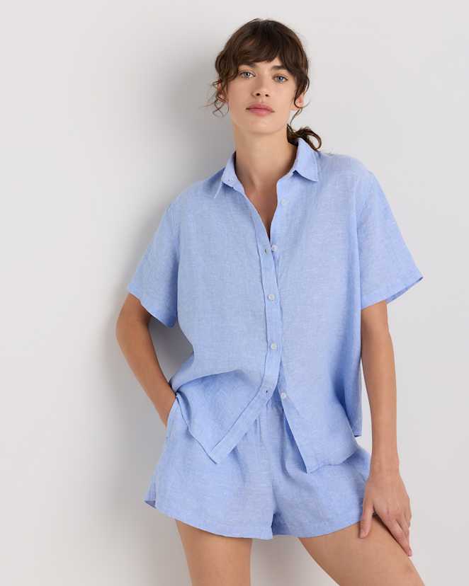 French Blue 100% European Linen Shorts Pajama Set