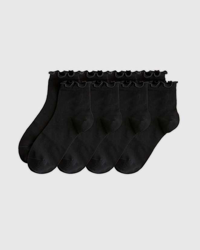 Black Everyday Lightweight Cotton Ruffle Quarter Crew Sock (4-pack)
