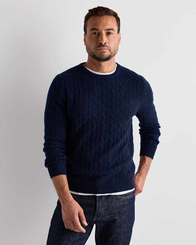True Navy Mongolian Cashmere Classic Cable Crewneck Sweater
