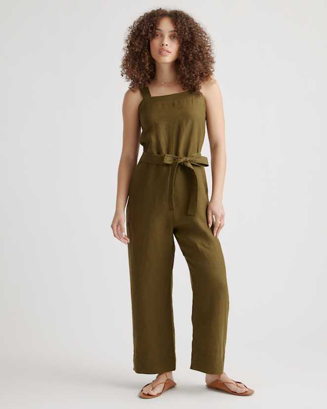 Martini Olive 100% European Linen Square Neck Jumpsuit