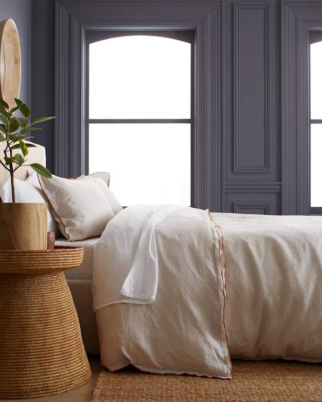 Sand with Terracotta Embroidery European Linen Double Embroidered Edge Duvet Cover