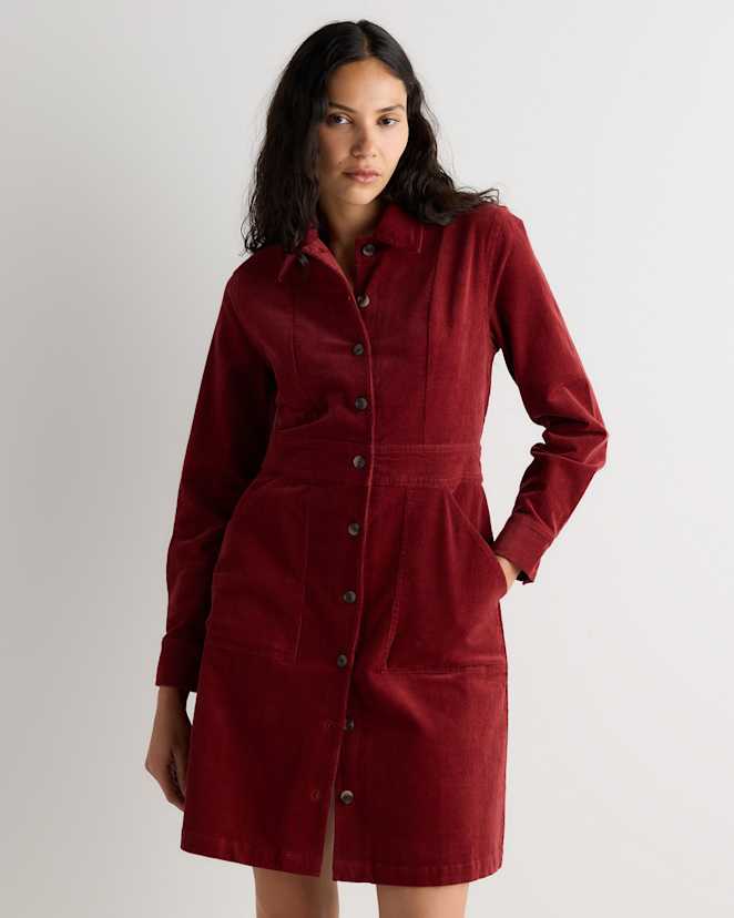 Deep Brick Red Robe mini-chemise en velours côtelé extensible biologique