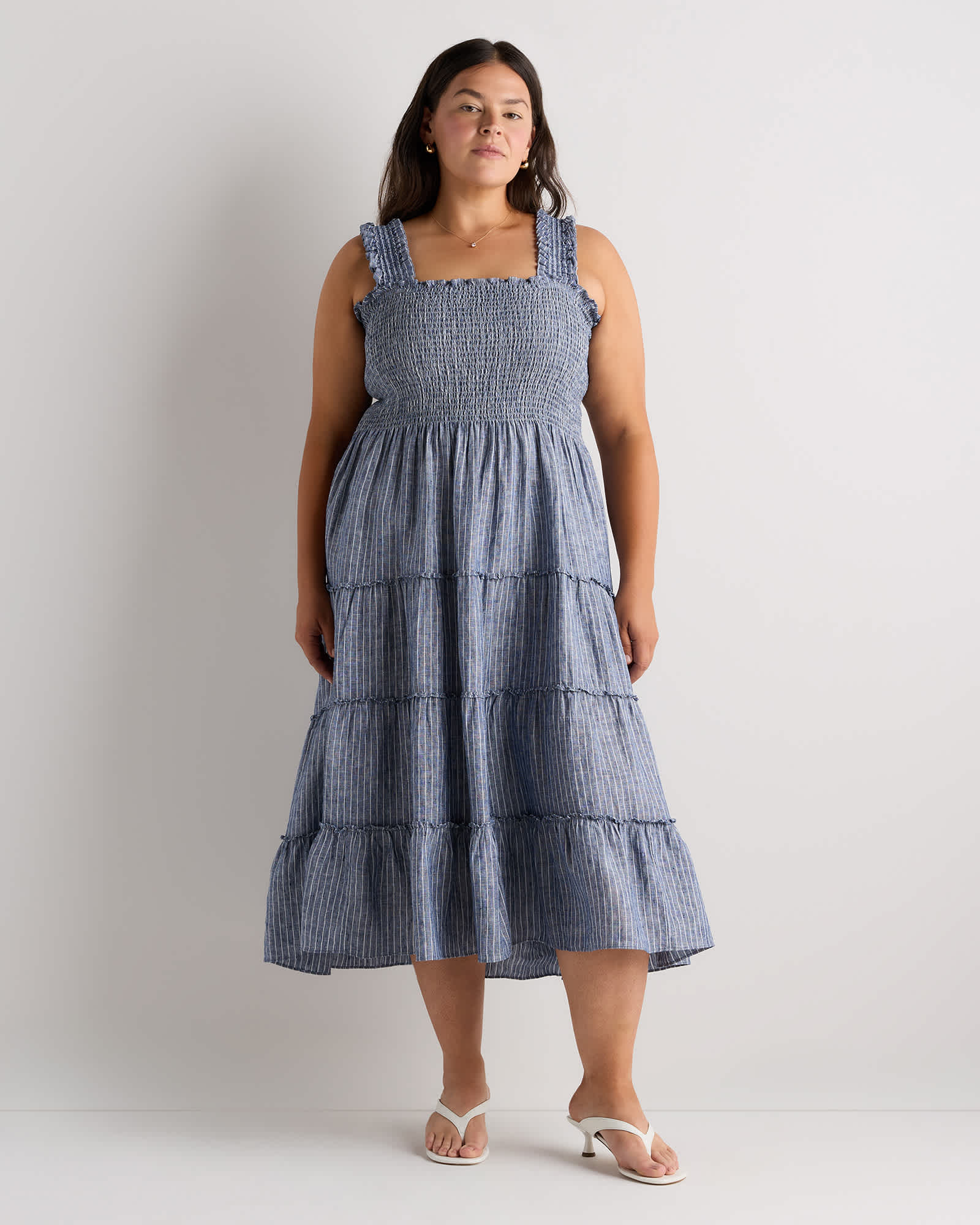 Chambray Stripe Women's Plus Size 100% European Linen Smocked Midi Dress