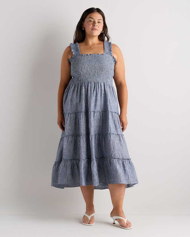 Chambray Stripe Robe midi 100 % lin européen à smocks pour femmes tailles plus