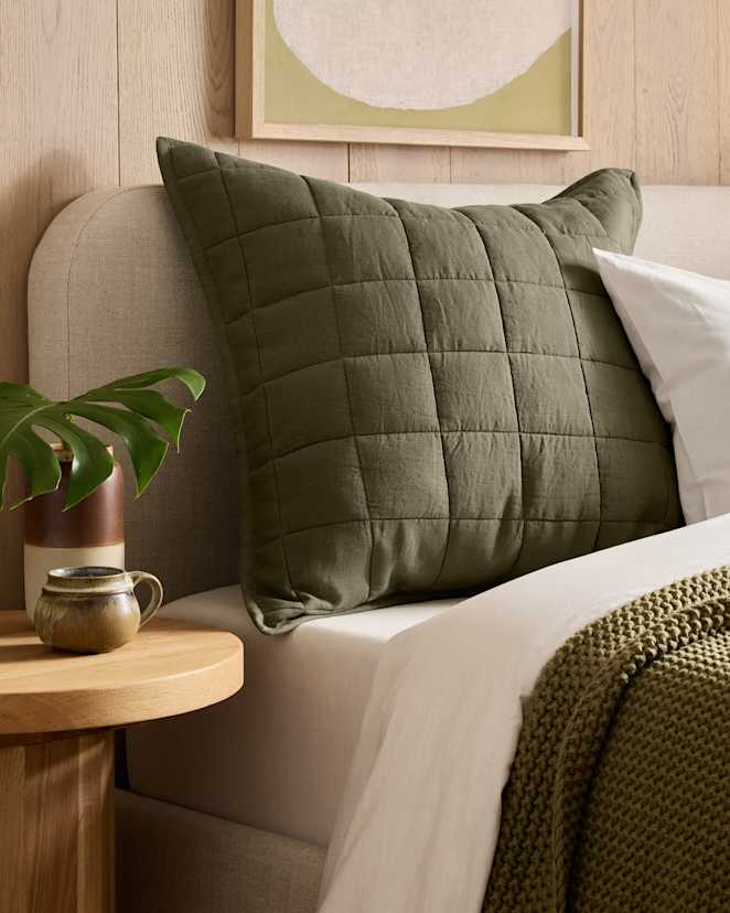 Dusty Olive European Linen Box Quilted Euro Sham