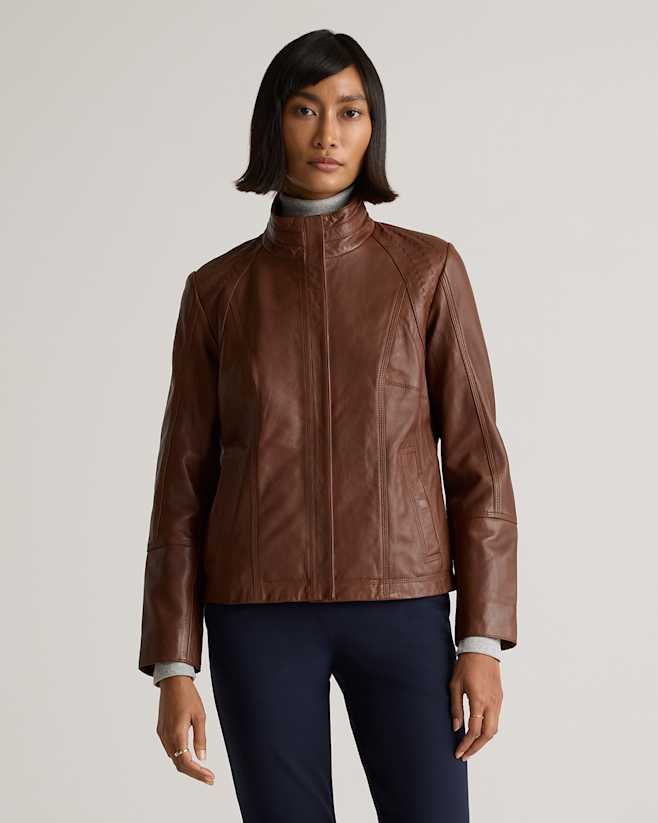 Burnt Umber 100% Leather Stand-Collar Jacket