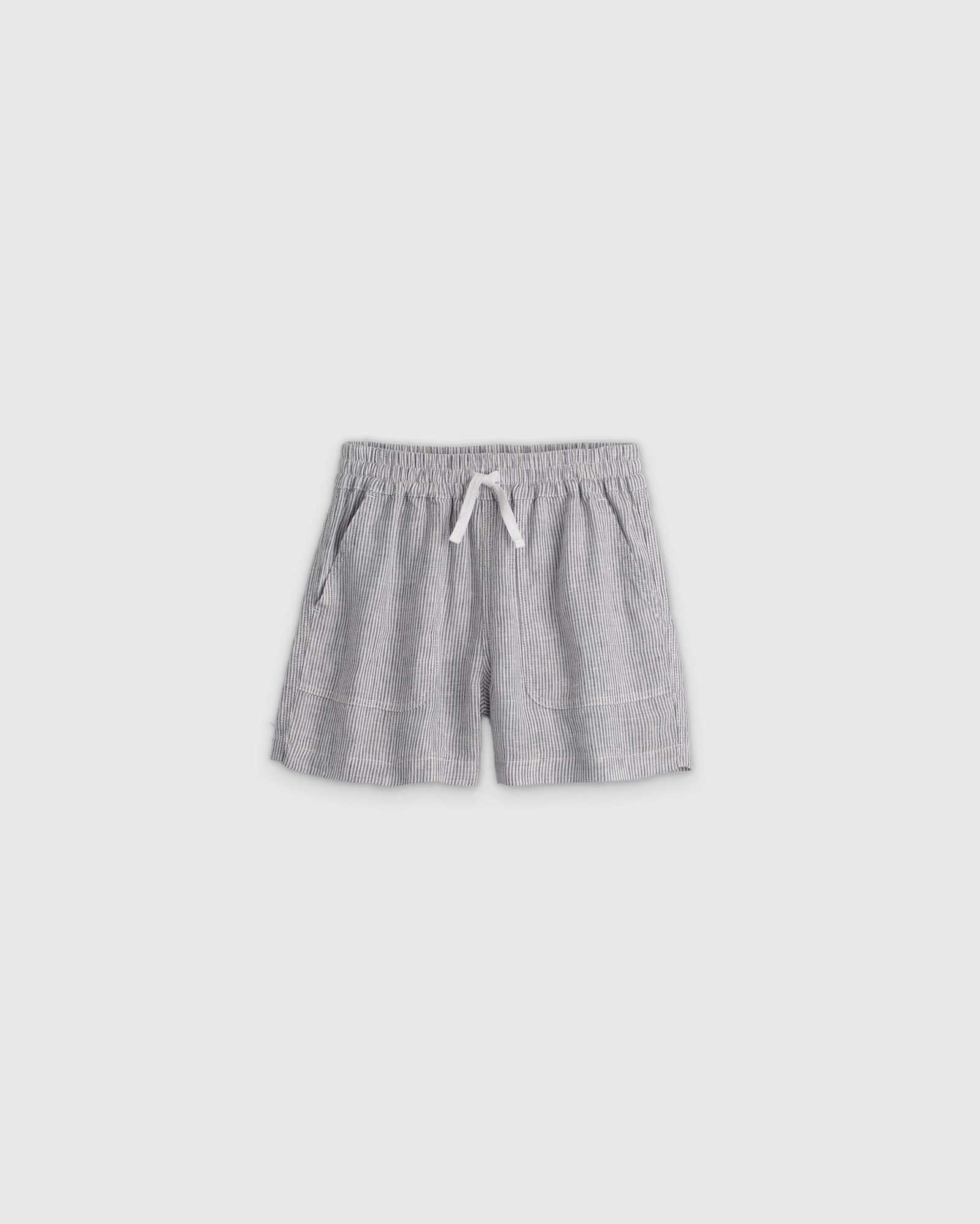 blue-pinstripe 100% European Linen Drawstring Shorts