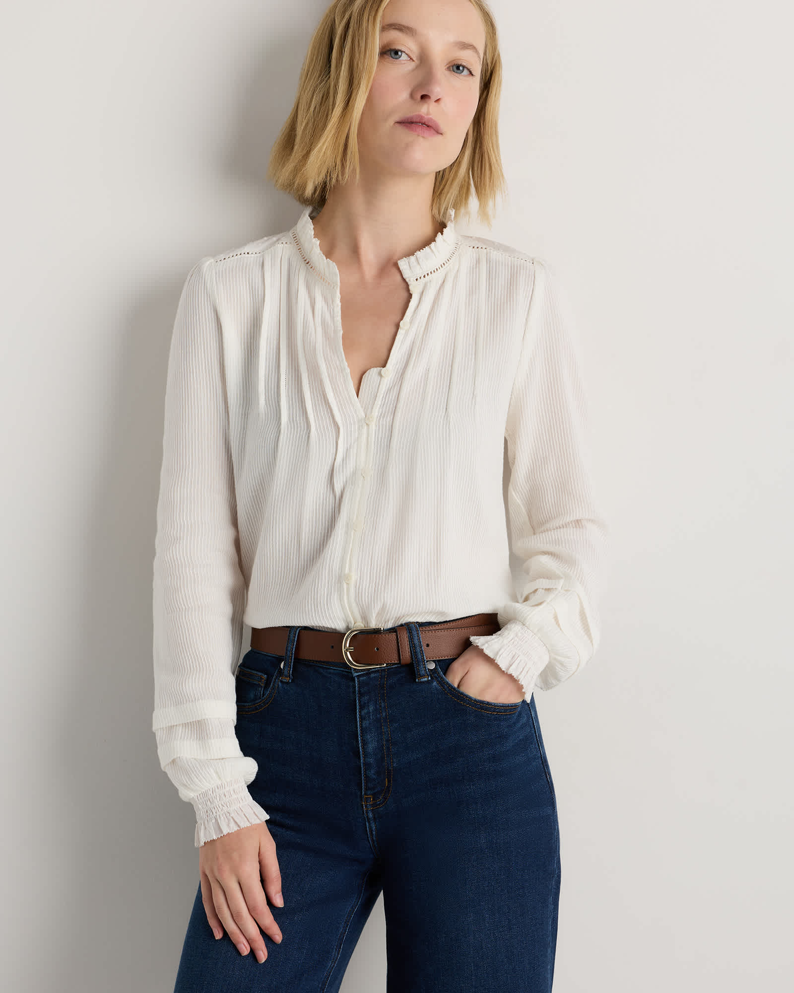 white Organic Textured Cotton Peasant Blouse