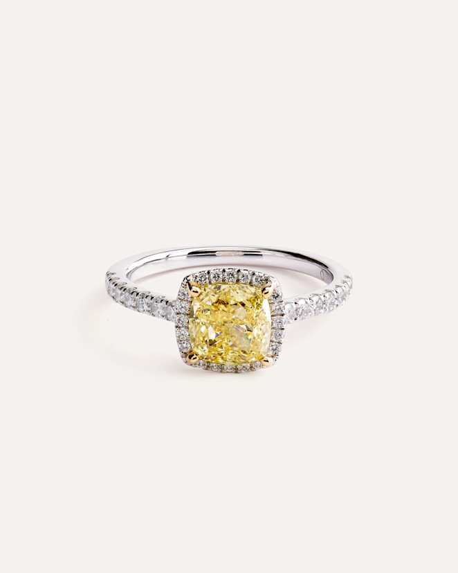 White Gold 14K Gold Yellow Lab Grown Diamond Cushion Halo Engagement Ring - 2ct