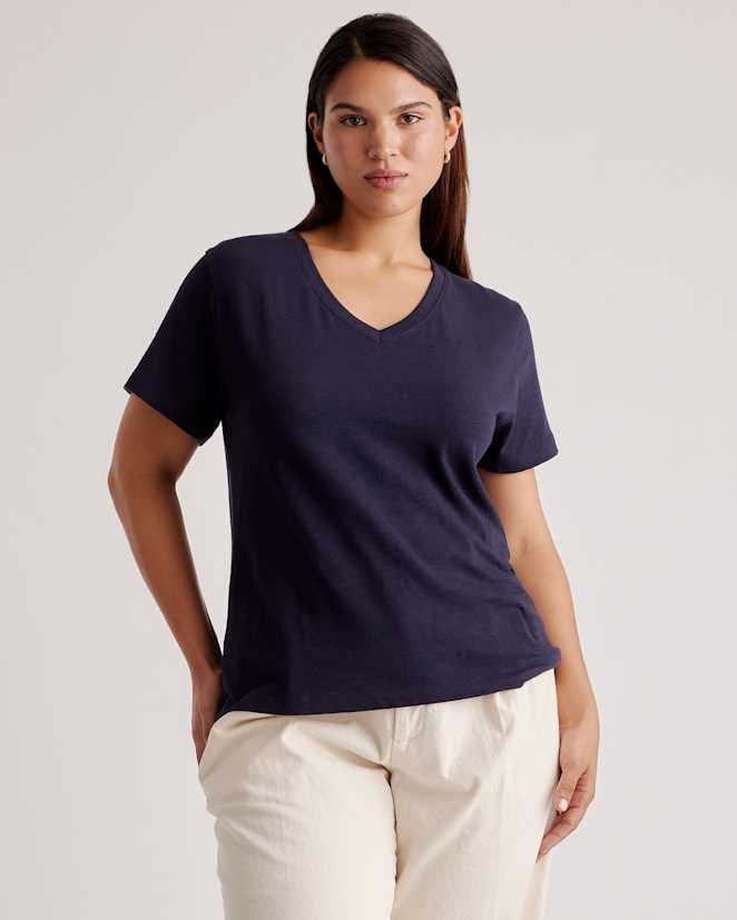 Navy 100% Organic Cotton Slub V-Neck Tee