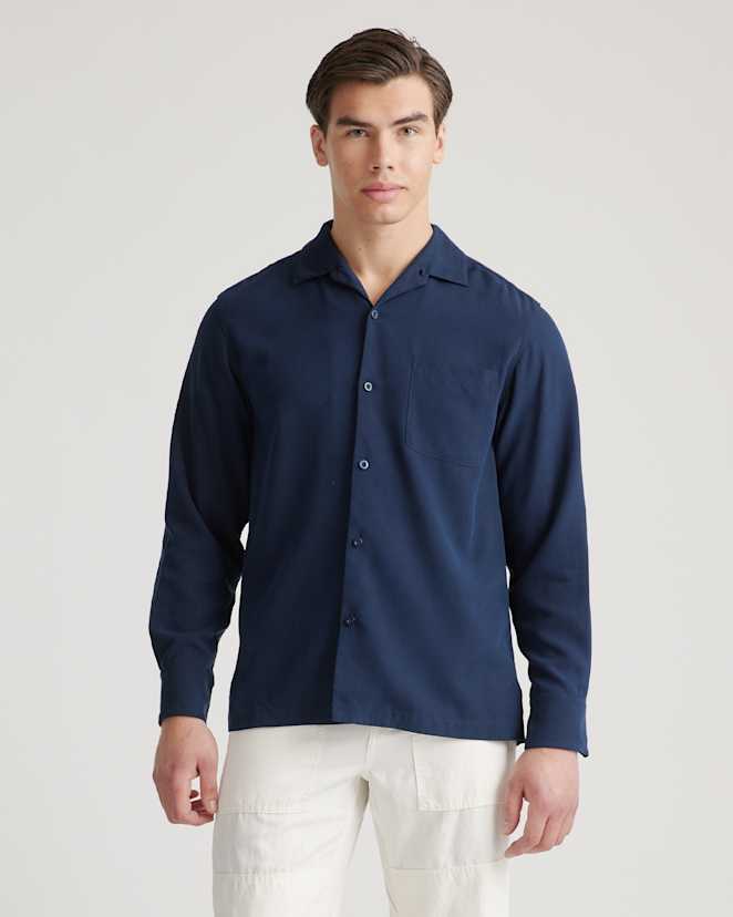Navy 100% Silk Twill Long Sleeve Shirt